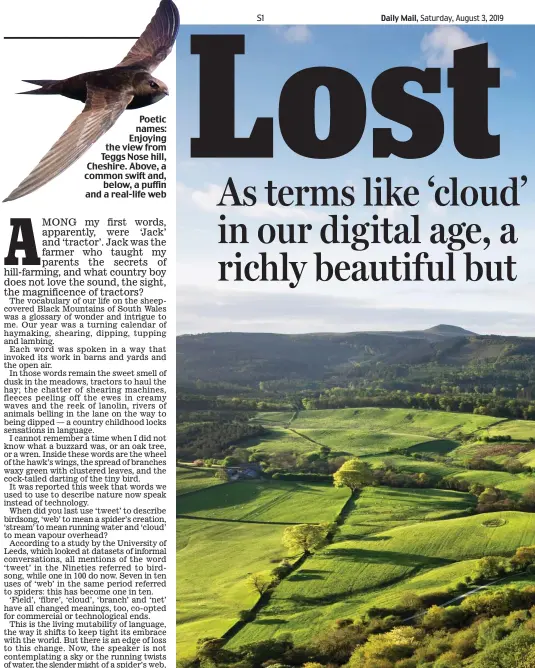  ??  ?? Poetic names: Enjoying the view from Teggs Nose hill, Cheshire. Above, a common swift and, below, a puffin and a real-life web