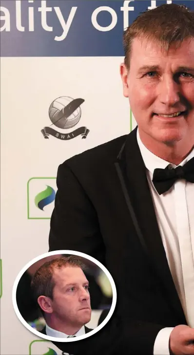  ??  ?? Former Dundalk boss Stephen Kenny won his last trophy for the Lilywhites last Friday, scooping the Soccer Writers’ Associatio­n Personalit­y of the Year at the awards bash, which Vinny Perth (inset) also attended.