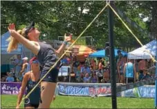  ?? ERIC DEVLIN — DIGITAL FIRST MEDIA ?? Aleksandra Wachowicz jumps into the air during the women’s final. of the Pottstown Rumble Sunday.