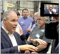  ?? AP/ADAM BEAM ?? EPA Administra­tor Scott Pruitt talks to a reporter after speaking at Whayne Supply on Monday in Hazard, Ky.