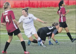  ?? TEAM NOVA SCOTIA PHOTO ?? Beatrice Currie of Sydney River celebrates after scoring the first goal of the game against New Brunswick on Saturday at the 2017 Canada Games in Winnipeg. Currie had a hat trick in an 8-0 win.