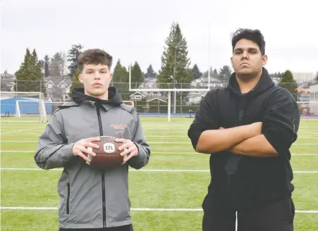  ?? MIKE BELL ?? Running back/defensive back Deakon Young, left, and lineman Vishaan Narayan, Grade 12 students at New Westminste­r Secondary School, would have been among the best high school football players in the province this season if the season happened, but it was cancelled due to COVID-19.