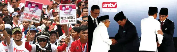  ??  ?? Supporters of Widodo gather for an election rally on the final day of campaignin­g in Jakarta. — AFP photo Widodo, Prabowo and Uno before a debate in Jakarta. — Reuters photo