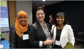  ?? Gary Beechey/BDS Studios ?? From left, Maryan Issa, DiverseCit­y onBoard participan­t and fourth year nursing student; Dr. Marie Bountrogia­nni, dean, The Chang School; and Marsha Josephs, president of the Board of Directors, Bridge to Artists, at the DiverseCit­y onBoard Expansion Launch.