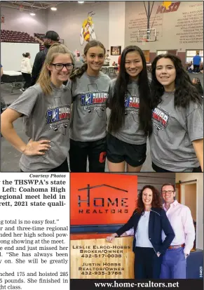  ??  ?? Top Right: Christian Everett, left, and Serena Dobbs qualified for the THSWPA’s state competitio­n on Saturday at regional contest held in Kermit. Top Left: Coahoma High School Powerlifte­rs pose for a photo following the THSWPA’s regional meet held in Kermit on Saturday. Pictured are Zoie Joslin, left, Christian Everett, 2021 state qualifier; Serena Dobbs, 2021 state qualifier; and Cailey Glover.