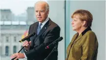  ??  ?? German Chancellor Angela Merkel (r) and then US vice president Joe Biden (l) are seen in a 2013 file photo in Berlin. President-elect Biden brings decades of experience in domestic and foreign policy to the job, and ‘he knows Germany and Europe well,’ Merkel said in her first comments on the US election outcome earlier this month.