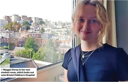  ?? ?? Maggie Dorey in her new student room, which looks out onto Bristol Children’s Hospital