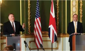  ??  ?? Mike Pompeo, the US secretary of state, with Dominic Raab at a press conference after their meeting. Photograph: Peter Summers/Getty Images