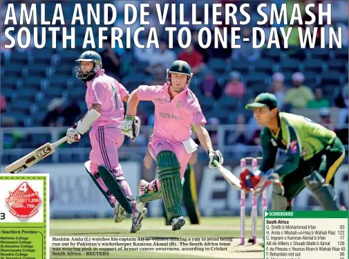  ??  ?? Hashim Amla (L) watches his captain AB de Villiers making a run to avoid being run out by Pakistan's wicketkeep­er Kamran Akmal (R). The South Africa team was wearing pink in support of breast cancer awareness, according to Cricket South Africa. - REUTERS