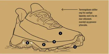  ?? ?? Terrengsko­en skiller seg fra vanlige løpesko ved å ha en mer slitesterk overdel og grovere yttersåle. 1 4 5 2 3