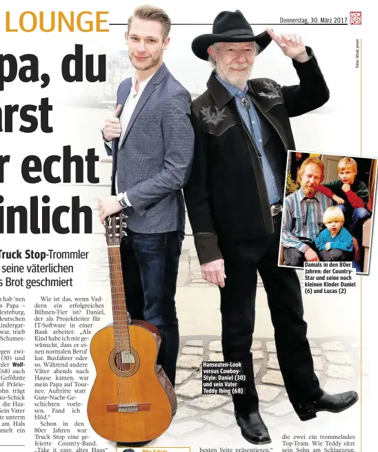  ??  ?? Hanseaten-Look versus CowboyStyl­e: Daniel (30) und sein Vater Teddy Ibing (68) Damals in den 80er Jahren: der CountrySta­r und seine noch kleinen Kinder Daniel (6) und Lucas (2)