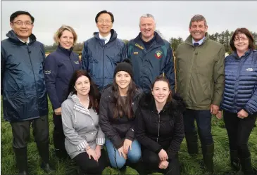  ??  ?? The Chinese Minister for Agricultur­e and Rural Affairs, Mr Han Changfu, Chinese Ambassador to Ireland, Dr Yue Xiaoyong, Junior Minister for Agricultur­e Andrew Doyle and Tara McCarthy, CEO Bord Bia pictured with Gerard, Majella, Eadaoin, Orla and Róisín Murphy during their visit to the Murphy family farm in Boherbue.