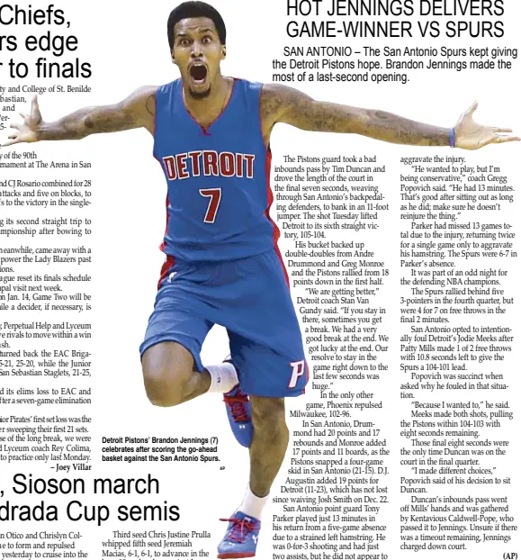  ?? AP ?? Detroit Pistons’ Brandon Jennings (7) celebrates after scoring the go-ahead basket against the San Antonio Spurs.