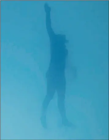  ?? ?? These photos offer a simulated juvenile shark’s view of a swimmer, left, and a swimming surfer, right. Researcher­s simulated a shark’s visual system to test the “mistaken identity theory” of unprovoked shark bites.