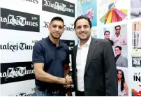  ?? KT file ?? Amir Khan with Suhail Galadari at the Khaleej Times office. —