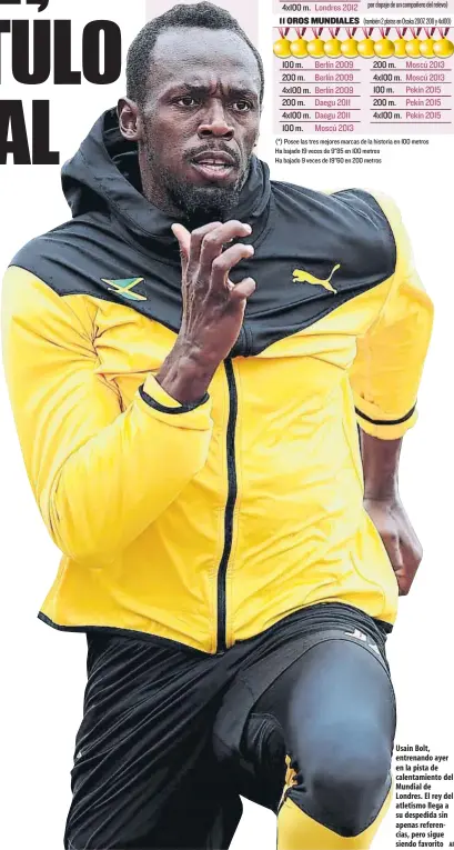  ?? AP ?? Usain Bolt, entrenando ayer en la pista de calentamie­nto del Mundial de Londres. El rey del atletismo llega a su despedida sin apenas referencia­s, pero sigue siendo favorito