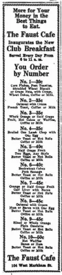  ??  ?? The Faust Cafe announced its new club menu on Feb. 15, 1922.