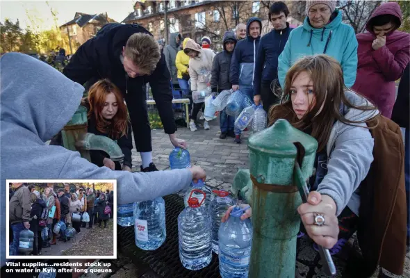  ?? Pictures: OLEG PETRASYUK/EPA-EFE/REX/SHUTTERSTO­CK ?? Vital supplies...residents stock up on water in Kyiv after long queues