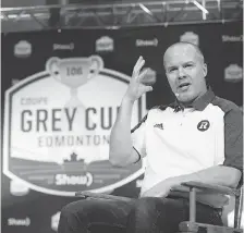  ?? JONATHAN HAYWARD/THE CANADIAN PRESS ?? Redblacks coach Rick Campbell is answering questions at the Grey Cup for the third time in four years.