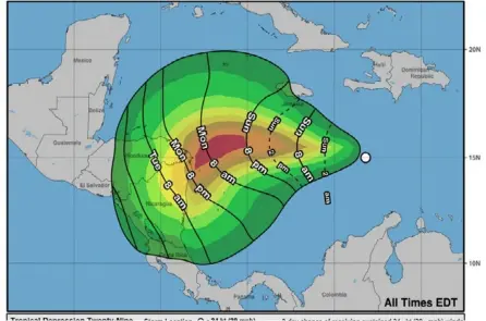  ?? NOAA ?? El Centro Nacional de Huracanes afirma que el ciclón podría pasar a ser la tormenta tropical Eta, en cuestión de días, y el eje estaría ubicado entre Nicaragua y Honduras.