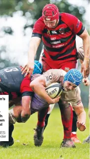  ?? PICTURES: Alan Ryder ?? Big push: Clifton’s Luke Stratford powers over to score their second try and Josh Rasor takes down Clifton’s Michael Urin, right.