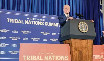  ?? Patrick Semansky/Associated Press file photo ?? President Joe Biden speaks at the White House Tribal Nations Summit at the Department of the Interior in Washington on Nov. 30, 2022. Biden will sign an executive order during a 2023 tribal nations summit that aims to make it easier for Native Americans to access federal funding and have greater autonomy over how to invest those funds.