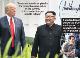  ??  ?? Trump was keen to emphasise the groundbrea­king nature of the summit, but concrete changes need to follow it X marks despot: Kim Jong-un and Donald Trump’s signatures are displayed on the agreement Below: South Koreans celebrate the TV pictures of the meeting