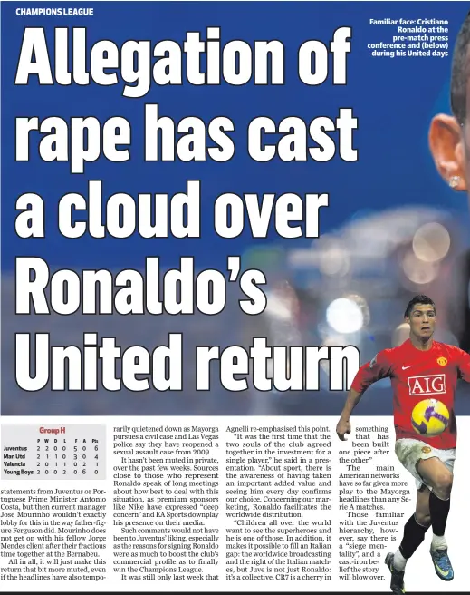  ??  ?? Familiar face: CristianoR­onaldo at the pre-match press conference and (below)during his United days