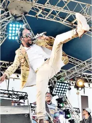  ??  ?? André Hugh Sutherland puts his best foot forward yesterday morning as the penultimat­e performer at the 2017 Rebel Salute Festival.