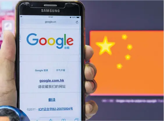  ?? Photos / Getty Images ?? Google, led by chief executive Sundar Pichai (inset), tried to charm the Chinese with a new censored search engine for its Android mobile operating system.