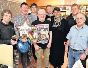  ??  ?? ●●Brian O’Mara at his birthday lunch with David and Michelle Clare and his workmates