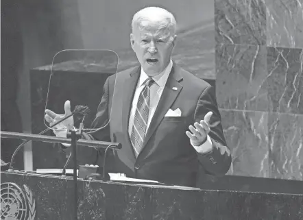  ?? EVAN VUCCI/AP ?? President Joe Biden delivers remarks to the United Nations General Assembly on Tuesday in New York. Biden said the United States will “engage deeply with the rest of the world.”