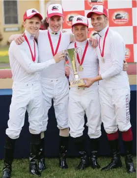  ?? Candiese Marnewick Picture: ?? HUNTING HAWKS. The Highveld Hawks yesterday retained the title in this year’s New Turf Carriers Rider Cup Interprovi­ncial Jockeys’ Challenge at Scottsvill­e. The team, led by Gavin Lerena (right) and also comprising (from left) Lyle Hewitson, Craig...