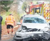  ??  ?? Emergency services at the scene of a single-vehicle crash on SH1, immediatel­y south of the Fairburn Rd intersecti­on, at Pamapuria on Tuesday morning. The driver and sole occupant of the car, who was not hurt, told police that he had lost control when smoke began issuing from the steering column, the car crashing into the roadside bank. The highway was reduced to one lane for a time, but remained open.