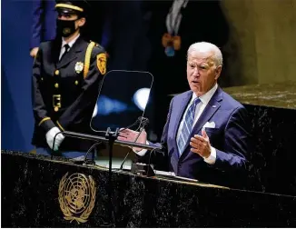  ?? EVAN VUCCI/AP ?? President Joe Biden delivers his first address to the United Nations General Assembly on Tuesday, affirming U.S. backing for internatio­nal partnershi­ps and pledging support for poorer countries.