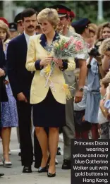  ?? ?? Princess Diana wearing a yellow and navy blue Catherine Walker suit with gold buttons in Hong Kong.