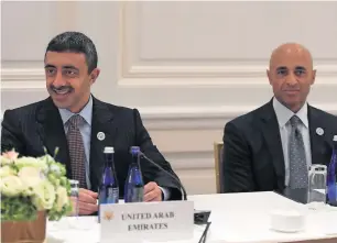  ?? Reuters ?? Sheikh Abdullah bin Zayed Al Nahyan, UAE’s Minister of Foreign Affairs and Internatio­nal Cooperatio­n, listens alongside Ambassador to the US, Yousef Al Otaiba, to US Secretary of State Mike Pompeo (not pictured) while attending a GCC meet on the sidelines of the UN General Assembly in New York. —