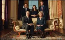  ?? COURTESY OF ROBERT VIGLASKY/DRAMA REPUBLIC FOR BBC AND MASTERPIEC­E ?? Shown top row from left to right are, Richard Goulding as Harry, Charlotte Riley as Kate, and Oliver Chris as William. Seated from left to right are, Tim Pigott-Smith as Charles and Margot Leicester as Camilla in “King Charles III.”