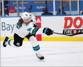  ?? DILIP VISHWANAT — GETTY IMAGES ?? The Sharks’ Erik Karlsson, who has been sidelined with a groin injury, will not skate again until probably next week, coach Bob Boughner said.