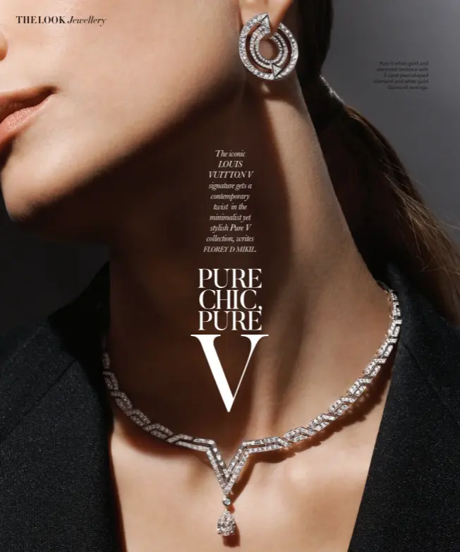  ??  ?? Pure V white gold and diamond necklace with
2 carat pear-shaped diamond and white gold
diamond earrings.