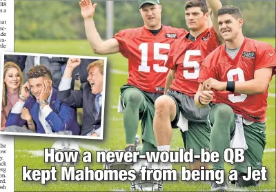  ?? Bill Kostroun; AP ?? THESE GUYS? REALLY? With a quarterbac­ks room that included (from left) veteran stopgap Josh McCown, Christian Hackenberg (in his second season) and Bryce Petty (in his third), GM Mike Maccagnan decided the Jets didn’t need a quarterbac­k and passed on Patrick Mahomes on draft day in 2017.