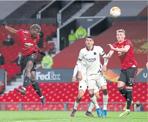  ??  ?? NUMBER FIVE: Paul Pogba’s powerful header makes it five on the night for Ole Gunnar Solskjaer’s rampant side.