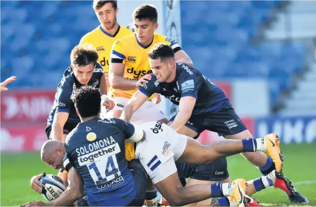  ?? PICTURE: Nathan Stirk/getty Images ?? Jonathan Joseph scores the last try of the game as Bath moved up to third in the Gallagher Premiershi­p with victory over Sale