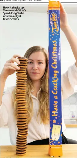  ??  ?? How it stacks up: The new McVitie’s ‘yard-long’ tube now has eight fewer cakes