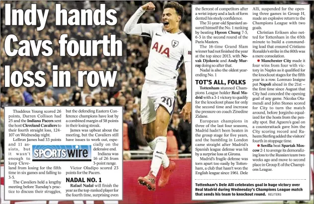  ?? REUTERS ?? Tottenham's Dele Alli celebrates goal in huge victory over Real Madrid during Wednesday’s Champions League match that sends his team to knockout round.