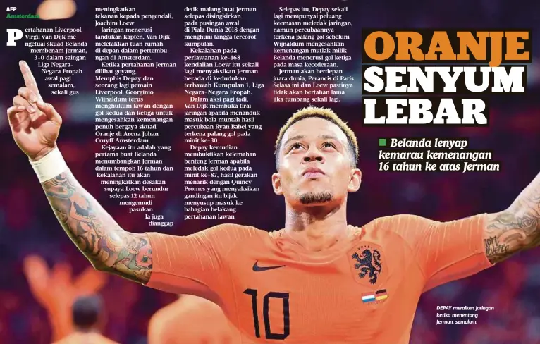  ??  ?? DEPAY meraikan jaringan ketika menentang Jerman, semalam.