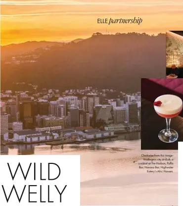  ??  ?? Clockwise from this image: Wellington city at dusk; a cocktail at The Hudson, Puffin Bar; Havana Bar; Highwater Eatery’s Alric Hansen.