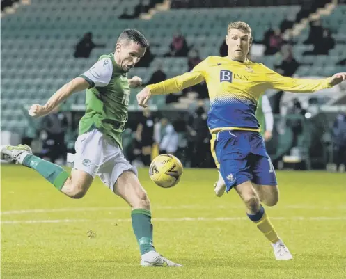  ??  ?? 0 Hibs defender Paul Mcginn scores his second goal of the night to make it 2-2 against St Johnstone at Easter Road.