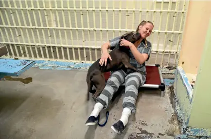  ?? PHOTO: REUTERS ?? Inmate Kristina Hazelett, 35, plays with a dog in a cell at the MCSO Animal Safe Haven (MASH) Unit in a former jail that has become a shelter for abused and neglected animals.