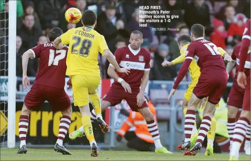  ?? PICTURES: Pinnacle ?? HEAD FIRST: Plymouth's Peter Hartley scores to give the visitors a 1-0 lead